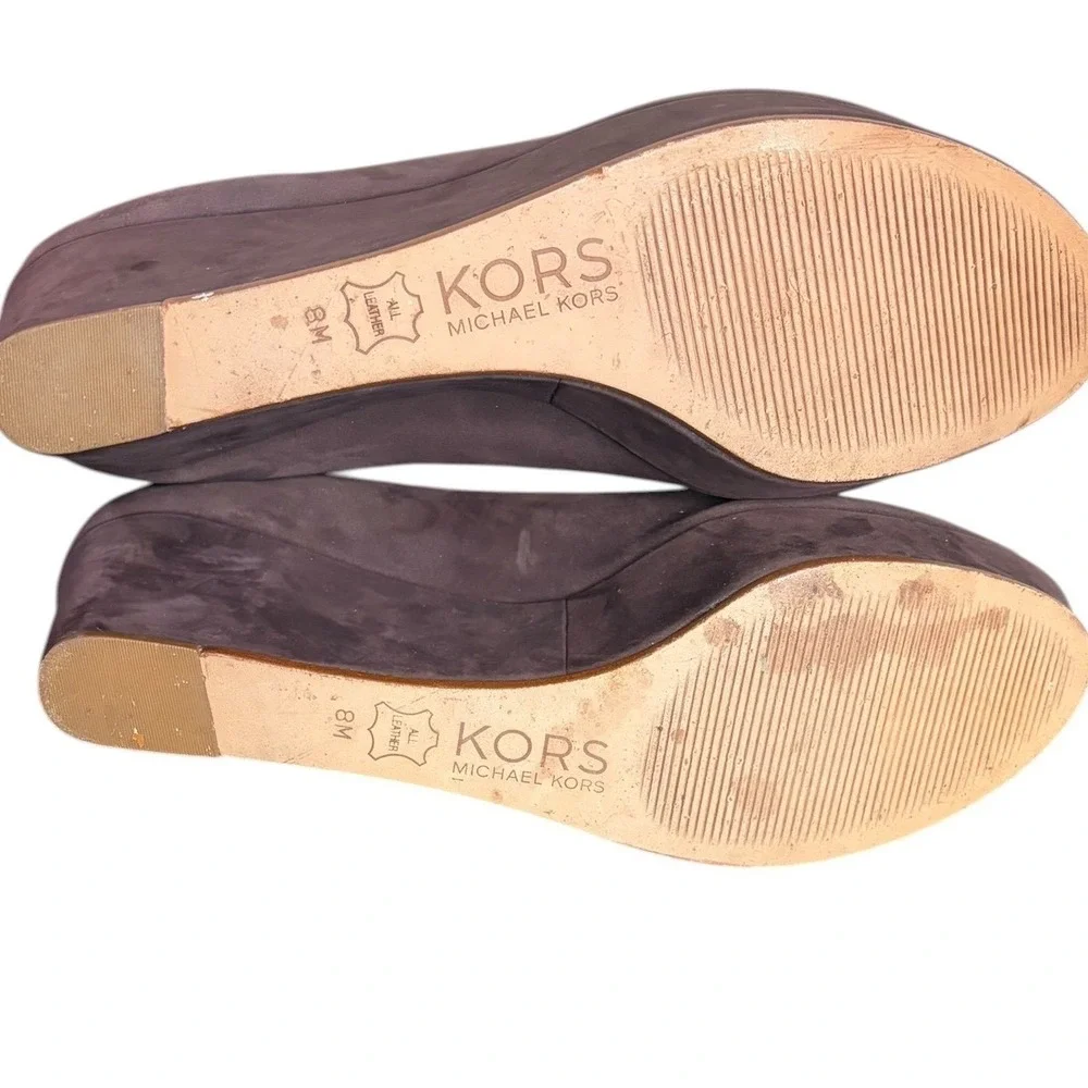 KORS Michael Kors Taupe Brown Suede‎ Peep Toe Wedge Heels Women's Size 8M